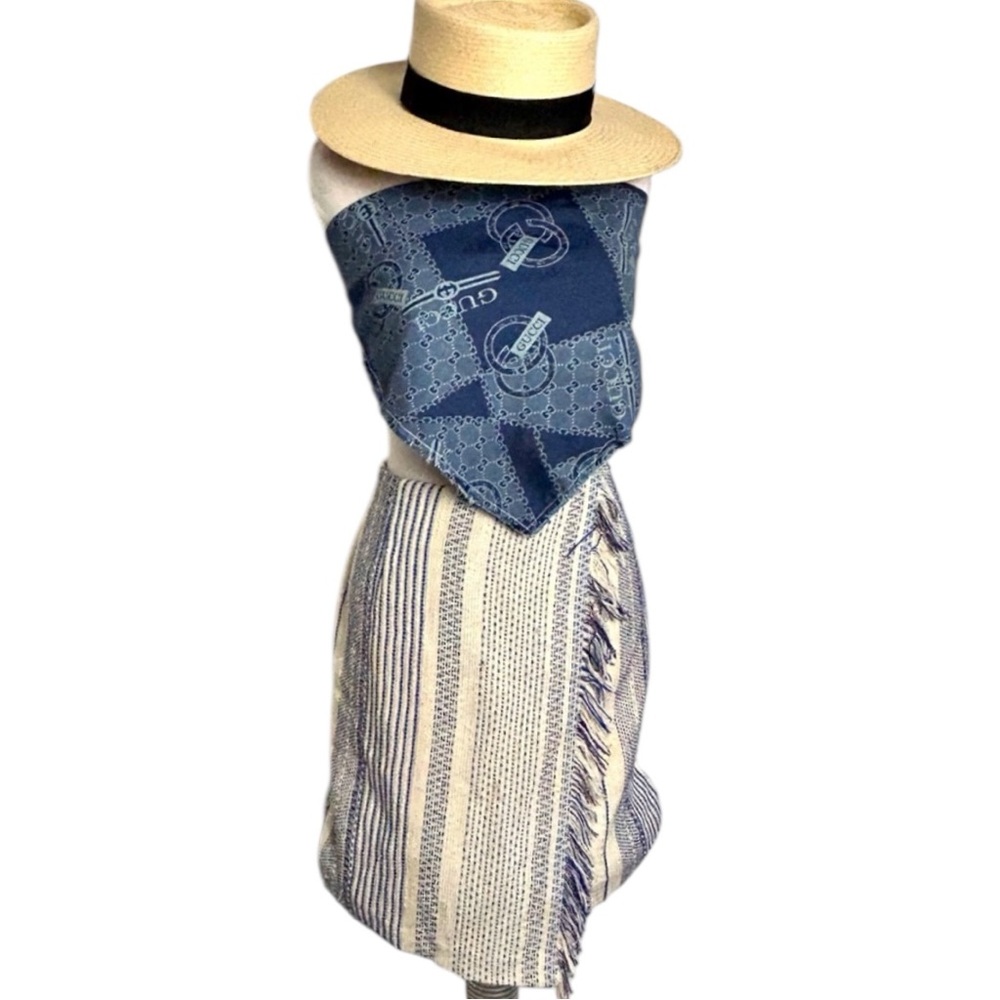 Women’s Halogen Boho Striped Woven Fringe Skirt Blue/White Wrap-Style Mini 12